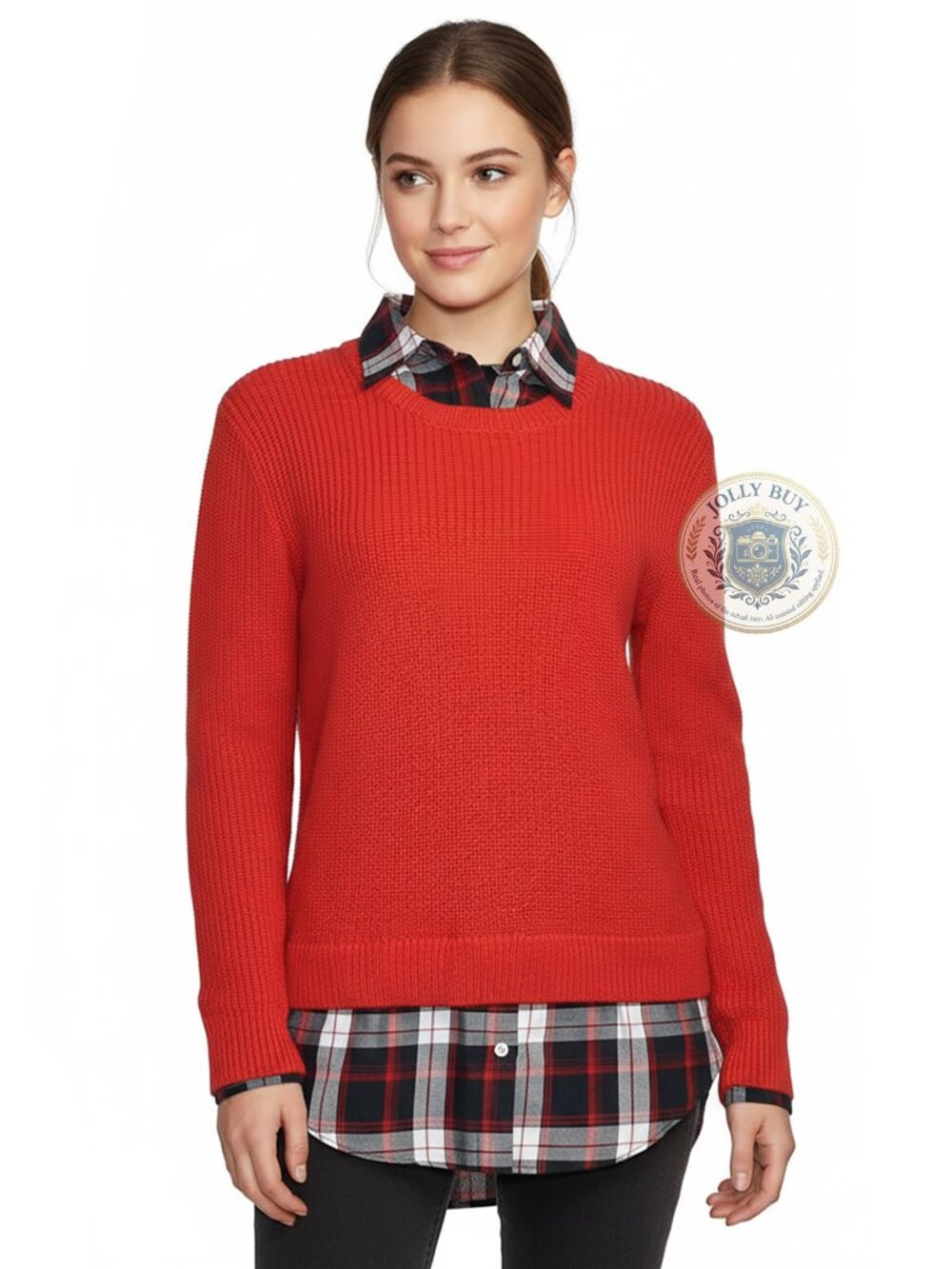 LAUREN Ralph Lauren Women’s Red Pullover Plaid Blouse 2-in-1 Sweater Size M NEW